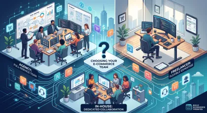 Three-way illustration comparing an agency team, a solo freelancer at a desk and an in-house team at a monitor.