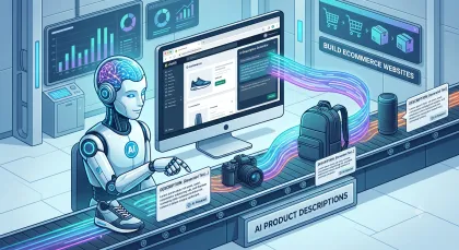Illustration of an AI robot at a store admin screen generating product descriptions for items on a conveyor belt.