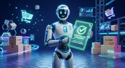 Illustration of a support robot holding a glowing policy document beside shopping carts and delivery boxes.