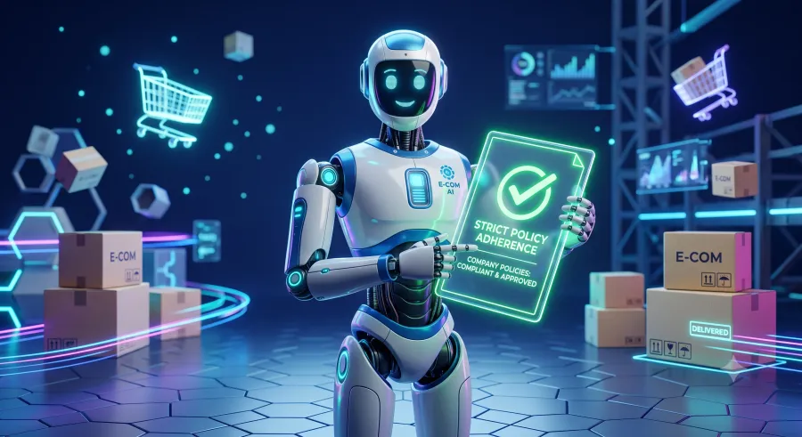 Illustration of a support robot holding a glowing policy document beside shopping carts and delivery boxes.