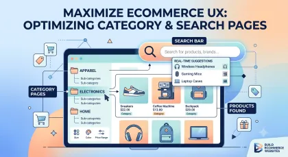 Diagram of a store's category tree, filters and a search bar with live suggestions above a grid of products.