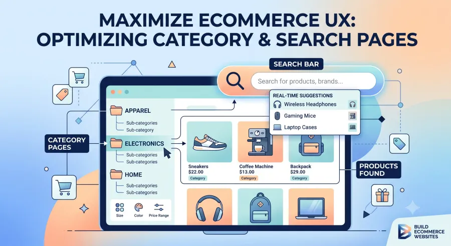 Diagram of a store's category tree, filters and a search bar with live suggestions above a grid of products.