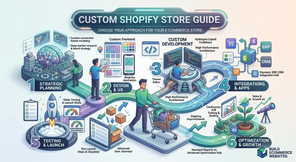Six-stage illustrated route through a custom Shopify build, from planning and design to launch and growth.