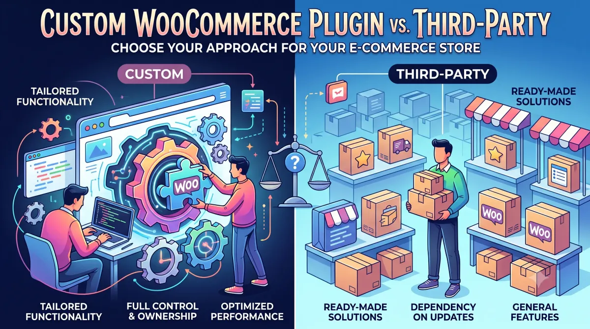 Split illustration weighing a custom-built WooCommerce plugin against ready-made plugins on a market stall.