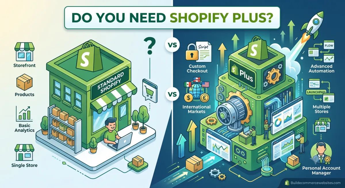 Split illustration comparing a standard Shopify storefront with a larger Shopify Plus operation and its extras.