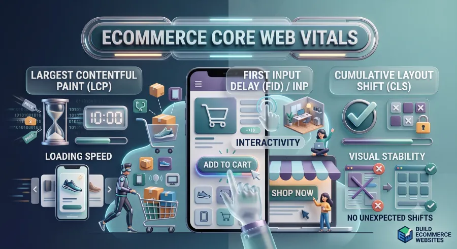 Illustrated panel of the three Core Web Vitals: loading speed, interactivity and visual stability.