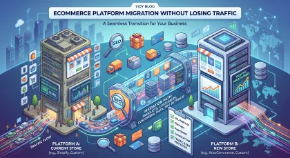 Illustration of a store moving from one platform building to another with traffic and search rankings carried across.