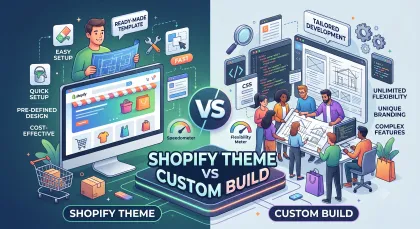 Split illustration comparing a ready-made Shopify theme with a team building a custom storefront from code.