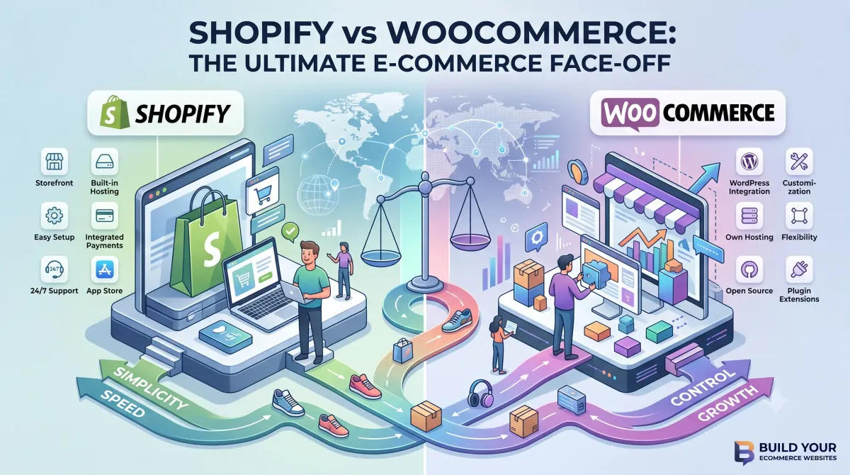 Split illustration weighing Shopify against WooCommerce on scales, with each platform's features listed beside it.