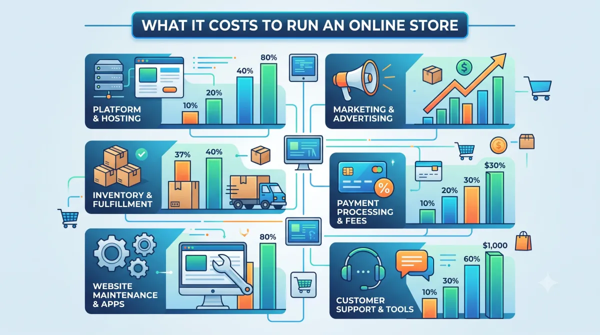Panel of six online-store cost areas: platform, marketing, inventory, payments, maintenance and support.