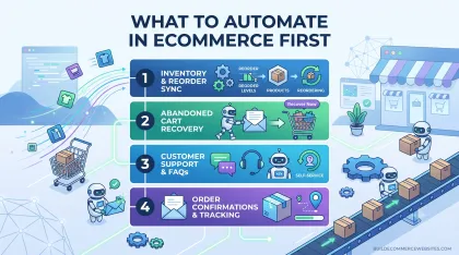 Four numbered automation priorities: inventory sync, abandoned-cart recovery, support replies and order tracking.